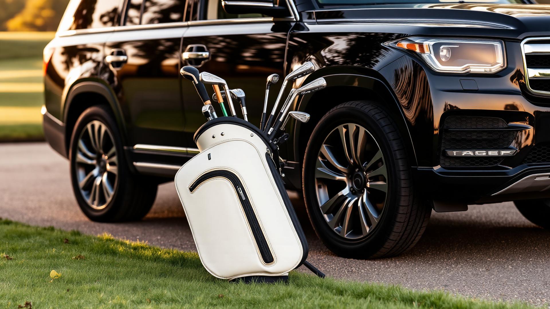 Hochwertige Golftasche neben einem Chauffeurfahrzeug auf einem privaten Anwesen