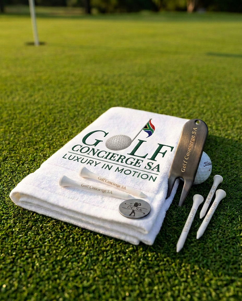 Golf Concierge SA branded towel, divot tool, ball marker, Titleist ball and wooden tees on the green